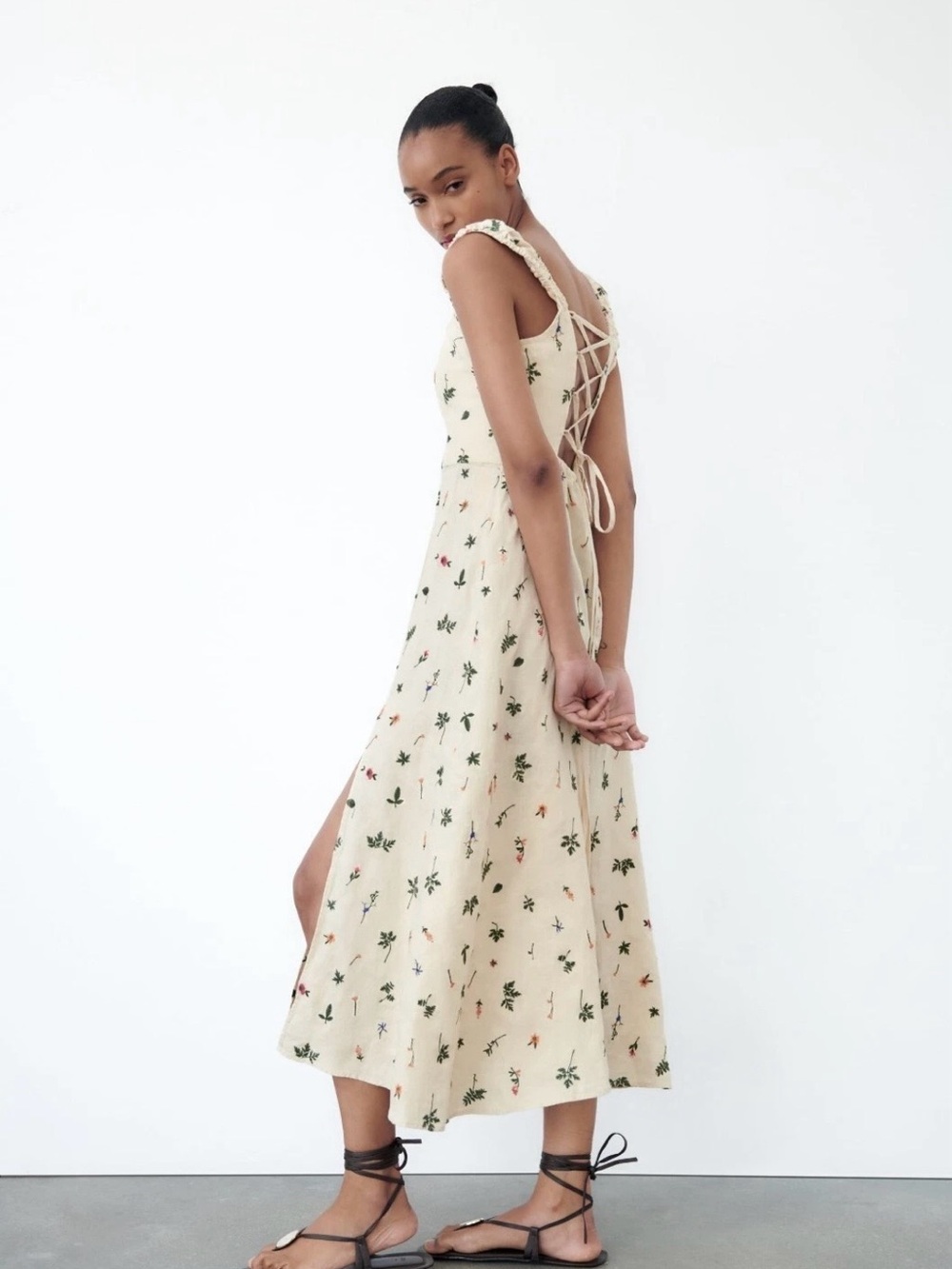 Zara Embroidered linen blend midi dress beige multicolor size S